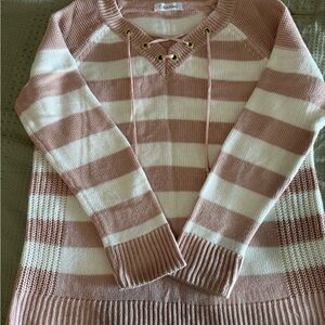 Calvin Klein Striped Lace-Up Sweater - Pink and White